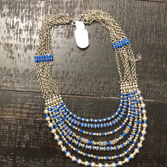 Beautiful NWT Worn Silver Tone & Royal Blue Beaded Bib Statement Necklace!! - Picture 3 of 4